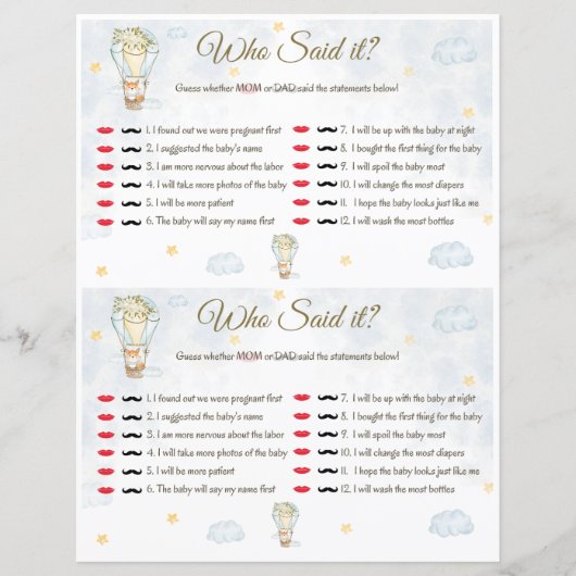 Wer hat es gesagt? Baby Shower Game (Vorderseite)