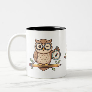 WER IST FERTIG FÜR DIE SCHULE? Süße Eulen-Illustra Zweifarbige Tasse