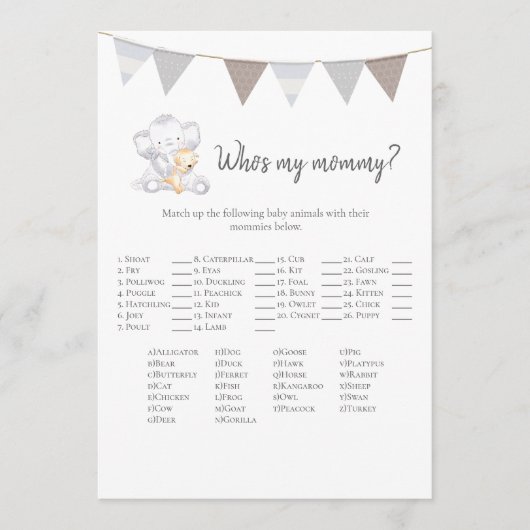 Wer ist meine Mama Game Baby Elephant Card? Programm (Vorderseite)