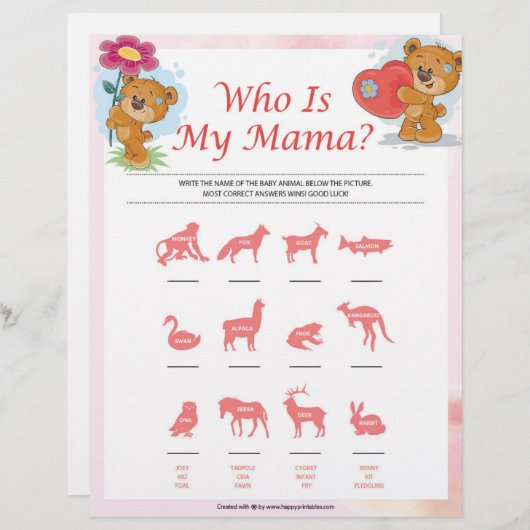 Wer ist meine Mama [Teddybären] Briefbogen (Vorne/Hinten)