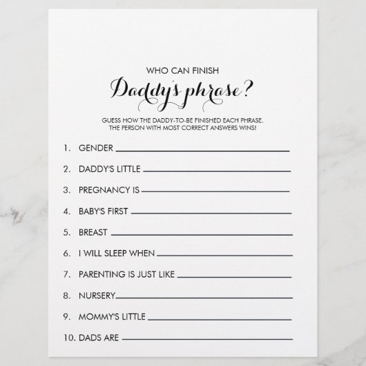 Wer kann Daddys Phrase Baby Shower Game beenden? (Vorderseite)