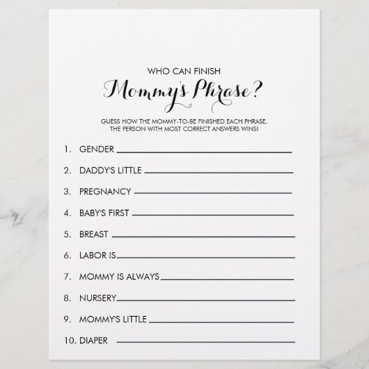 Wer kann Mommys Phrase Baby Shower Game beenden? (Vorderseite)
