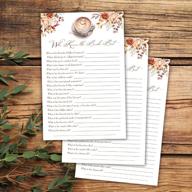 Wer kennt das Braut beste Kaffeefall Dusche Spiel (Who knows the bride best love is brewing coffee cappuccino fall bridal shower games)