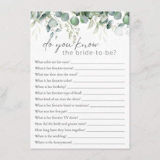 Wer kennt das Bride Eukalyptus Brautparty Game? Begleitkarte
