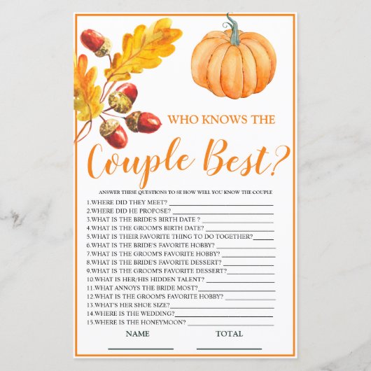 Wer kennt das Couple Best Fall Pumpkin Bridal Game (Vorderseite)