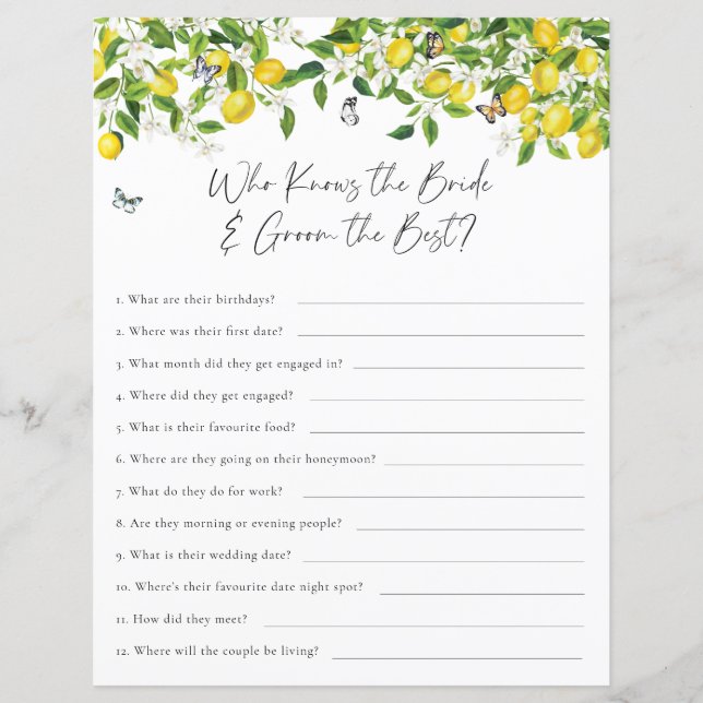Wer kennt das Couple Best Lemon Brautparty Game? (Vorderseite)