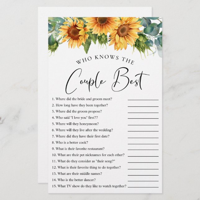 Wer kennt das Couple Best Sunflower Shower Game? (Vorne/Hinten)