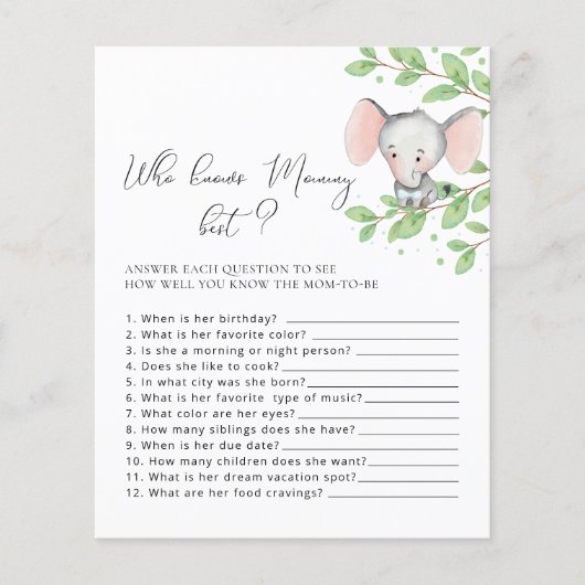 Wer kennt das Mama Best Elephant Baby Shower Game? (Vorderseite)