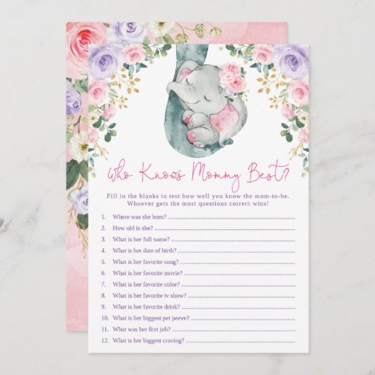 Wer kennt das Mama Best Elephant Baby Shower Game? Einladung (Vorne/Hinten)
