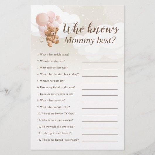 Wer kennt das Mama Best Teddy Bear Baby Shower Gam Flyer (Vorne)