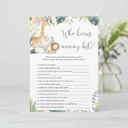 Wer kennt das Mami best safari Baby Dusche Spiel Einladung (Stehend Vorderseite)
