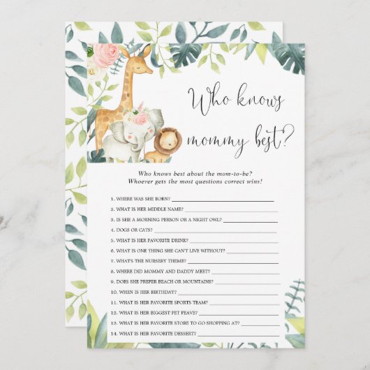 Wer kennt das Mami best safari Baby Dusche Spiel Einladung (Vorne/Hinten)