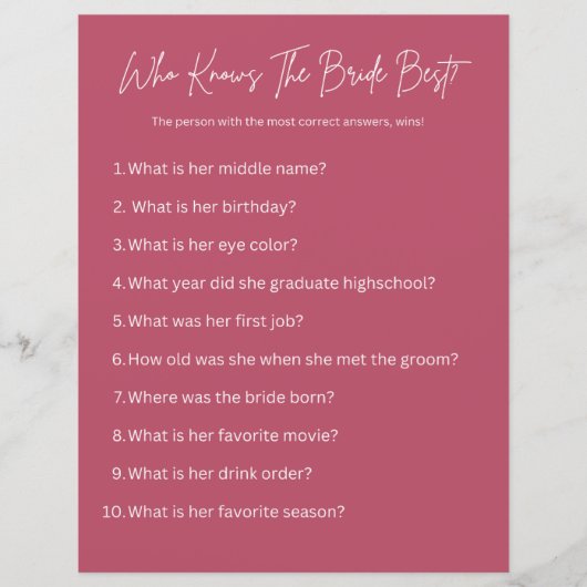 Wer kennt die Braut am besten? Party Game (Vorderseite)