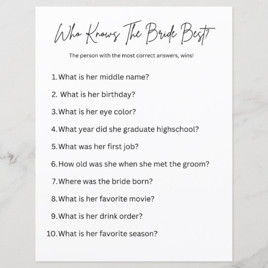 Wer kennt die Braut am besten? Party Game (Vorderseite)