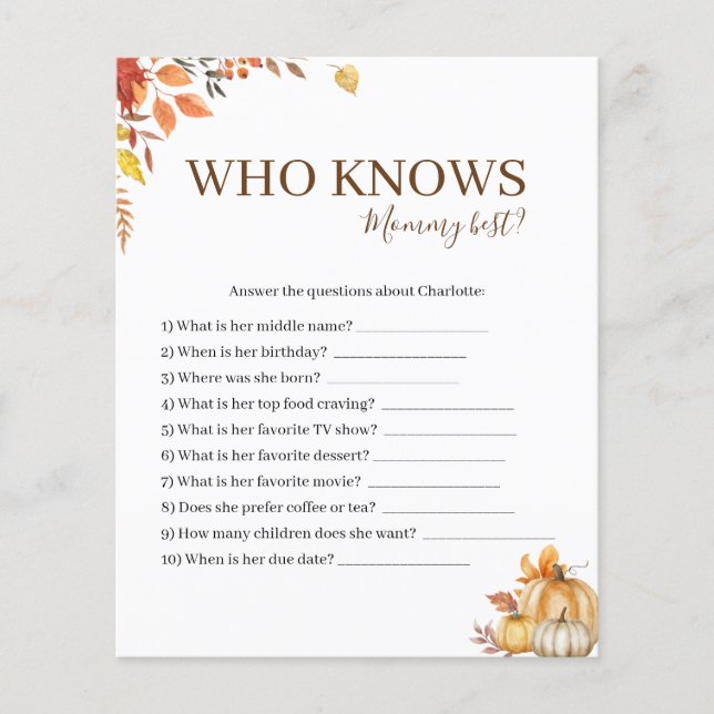 Wer kennt die Mama Best Fall Baby Shower Game Card (Vorderseite)