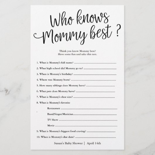 Wer kennt die Mama Best Shower Paper Game Card? Flyer (Vorne)