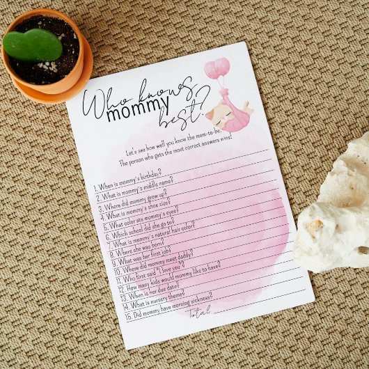 Wer kennt Mama am besten? Pink Kitten Babydusche Hinweiskarte