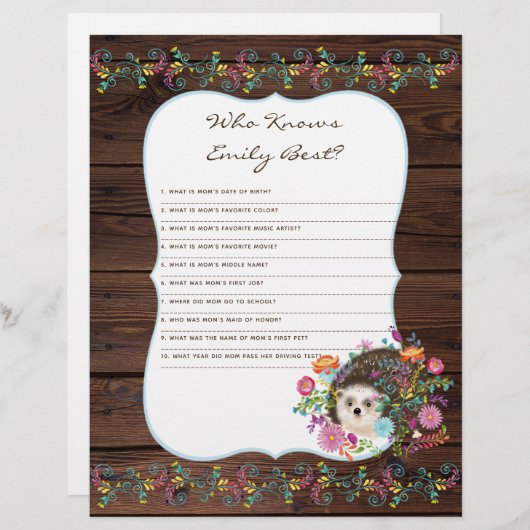 Wer kennt Mama Best Baby Shower Game - Igel (Vorne/Hinten)