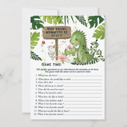 Wer kennt Mama-to-be am besten? Girl Dino Baby Sho Einladung (Vorderseite)