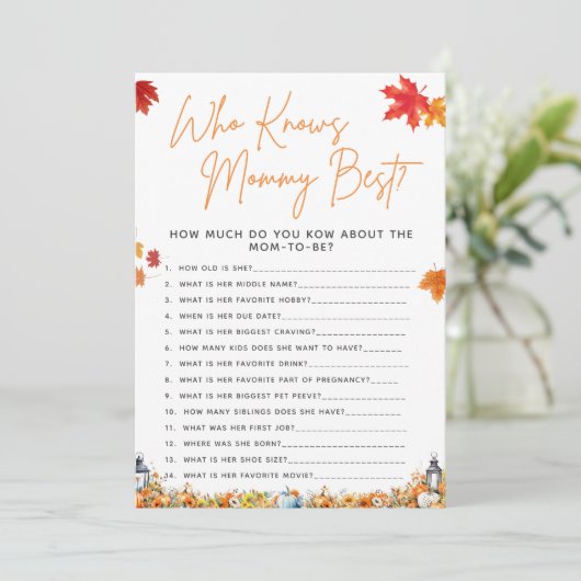 WER MOMMY BEST Questions Baby Shower Game kennt Einladung (Stehend Vorderseite)