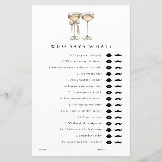 Wer sagt was Champagne Brautparty Game Card? (Vorderseite)