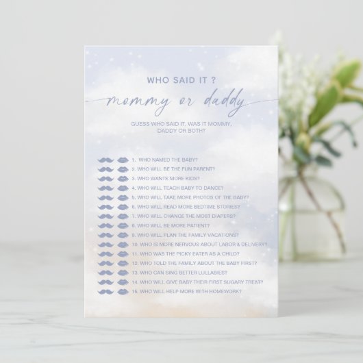 Wer sagte es Cloud 9 Baby Dusche Spiel Einladung (Stehend Vorderseite)