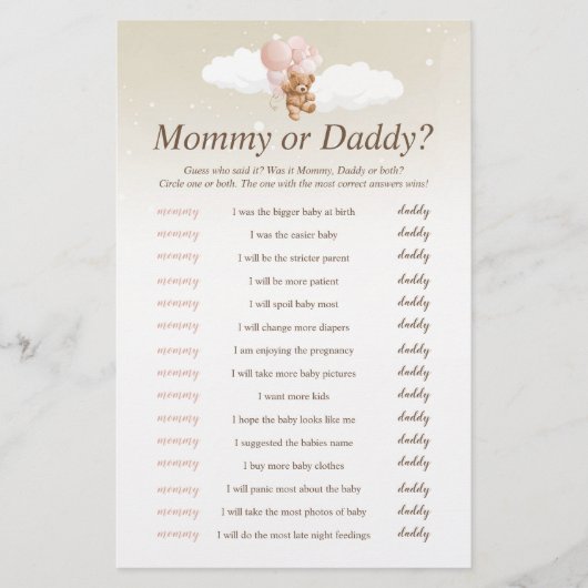 Wer sagte, es rosa Teddy Bear Baby Duschspiel Flyer (Vorne)