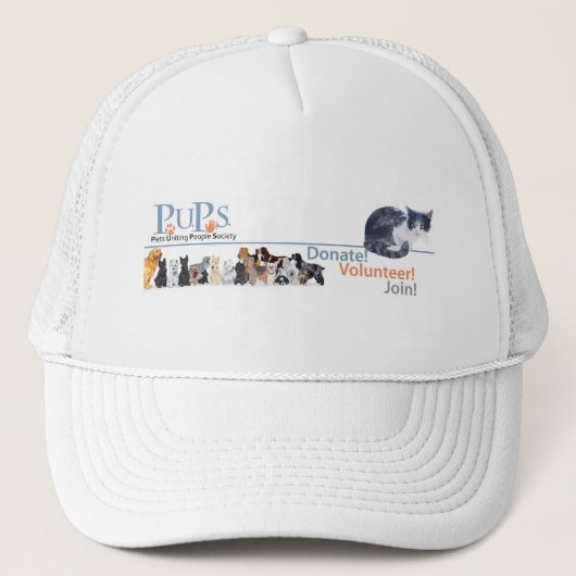 Werbeartikel für PUPs-Logo mit Tuxedo Cat Truckerkappe (Vorderseite)