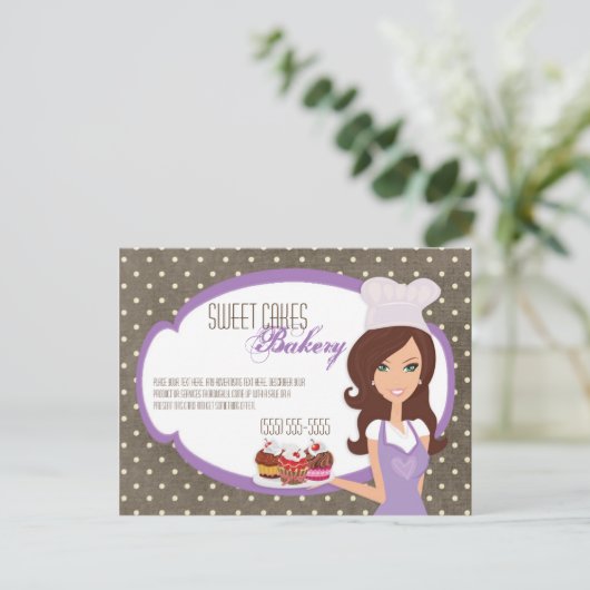 Werbekarte Brünett Baker Lila Cup Cakes Postkarte (Stehend Vorderseite)