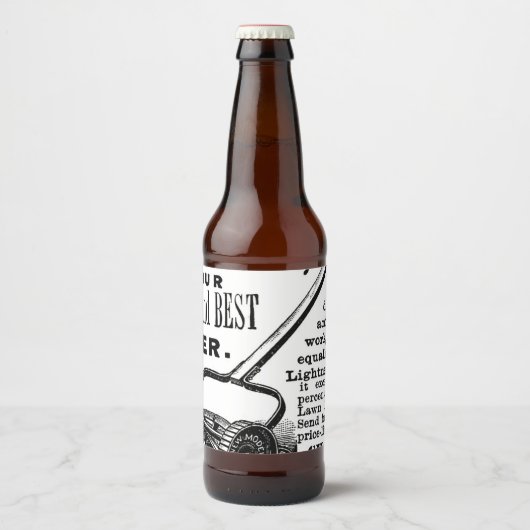 Werbung für den Vintagen Rasenmäher Bierflaschenetikett (Vorderseite)