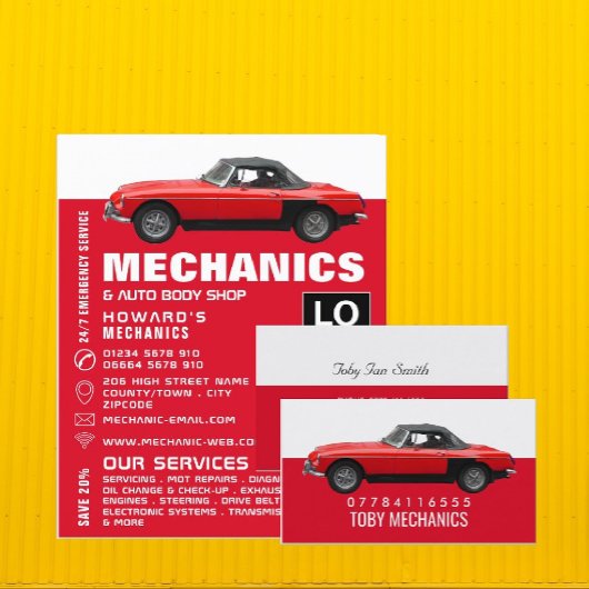 Werbung für klassische Fahrzeuge, Auto und Reparat Flyer