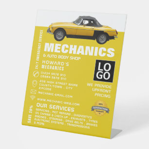 Werbung für klassische Fahrzeuge, Auto und Reparat Sockelschild