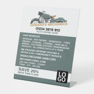 Werbung für klassische Motorräder, Auto-Mechanik u Sockelschild