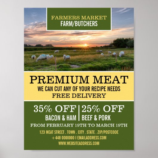 Werbung für Schafe in Feld, Bauer und Metzger Poster (Vorne)