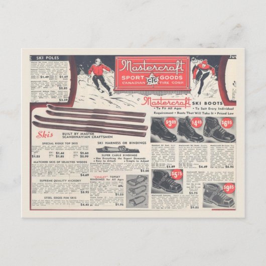 Werbung für Vintage Wintersportgeräte Postkarte (Vorderseite)