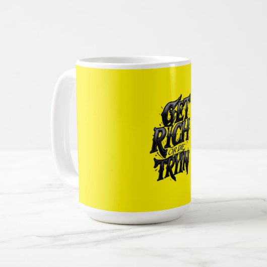 Werde reich oder stirb beim Versuch — Chrome-Typog Kaffeetasse (Vorderseite Links)