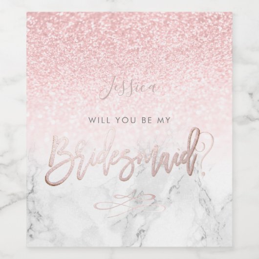 Werden Sie Bridesmaid Marble+Blush Pink Snow Bokeh Weinetikett (Einzelnes Label)