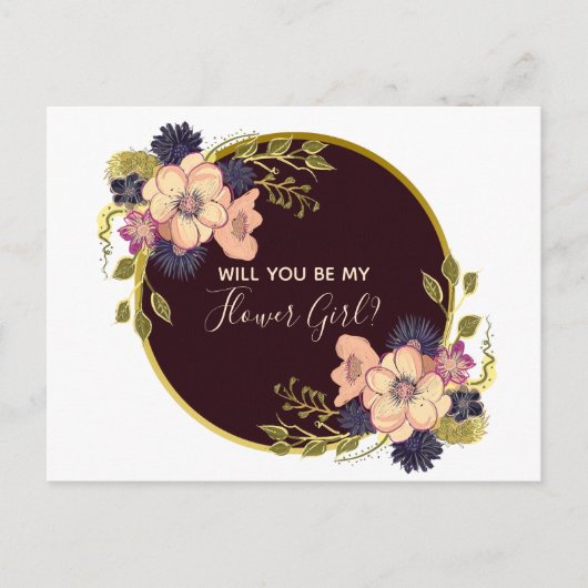 Werden Sie mein Blumenmädchen Burgundy Marsala Flo Einladungspostkarte (Vorderseite)