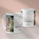 Werden Sie mein Bridesmaid 2 Foto sein? Kaffeetasse<br><div class="desc">Moderne Hochzeitsvorschlage Tasse mit dem niedlichen Sprichwort "Werden Sie meine Brautjungfrau sein",  einer 2-Fotovorlage,  einem rosa Herz,  Ihren Namen und dem Zitat "Ich kann nicht sagen "Ich tue" ohne Sie".</div>