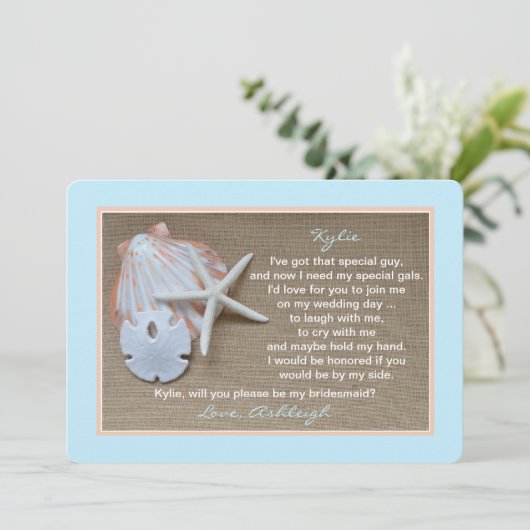 Werden Sie mein Bridesmaid Beach Blue Burlap Look Einladung (Stehend Vorderseite)