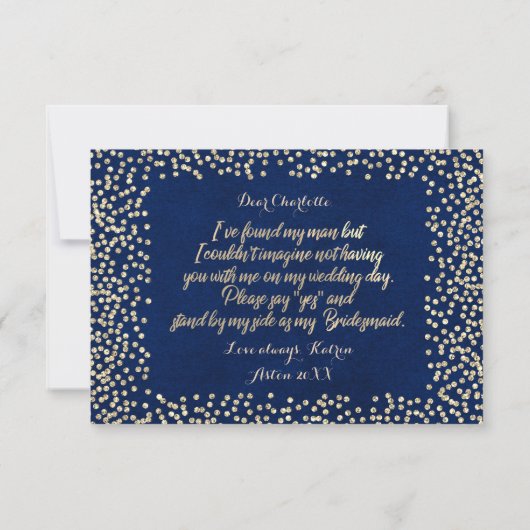 Werden Sie mein Bridesmaid Blue Navy Glitzer Gold Einladung (Rückseite)