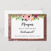 Werden Sie mein Bridesmaid Blume Glitzer Plum sein Einladung (Vorne/Hinten)