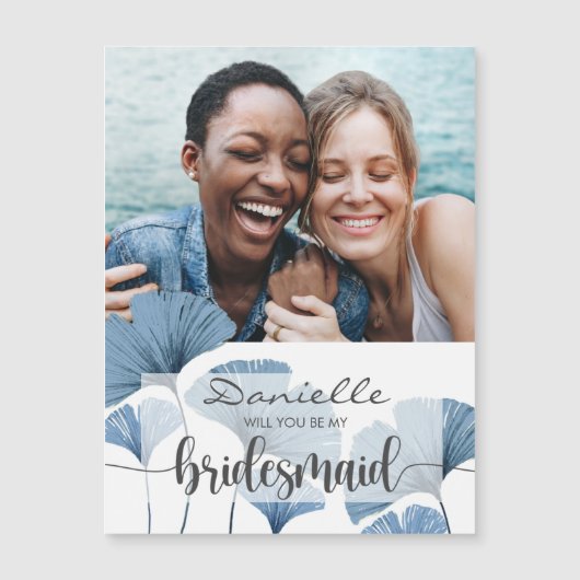 Werden Sie mein Bridesmaid-Foto Blau und Weiß sein Magneteinladung (Vorderseite)