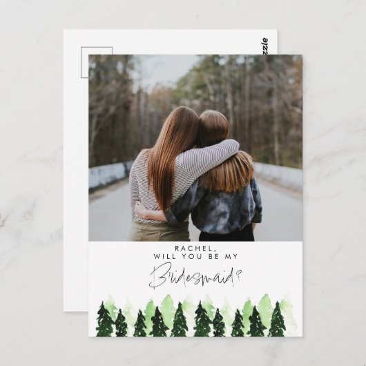 Werden Sie mein Bridesmaid Rustikaler Pine Tree Wi Postkarte (Vorne/Hinten)