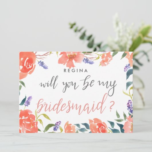 Werden Sie mein Bridesmaid-Skript Bright Florals Einladung (Stehend Vorderseite)