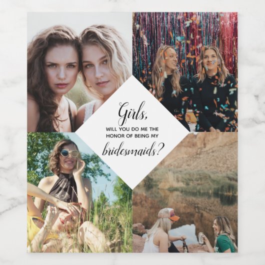 Werden Sie mein Bridesmaid-Vorschlag FotoCollage Weinetikett (Einzelnes Label)
