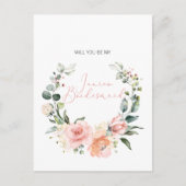 Werden Sie mein Jr. Bridesmaid Pink Script floral Einladungspostkarte (Vorderseite)