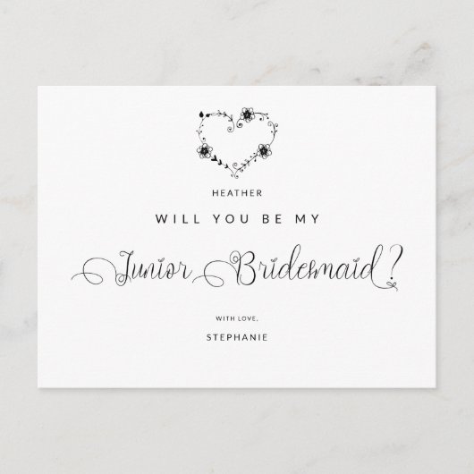 Werden Sie mein Junior Bridesmaid Funny Black Hear Postkarte (Vorderseite)