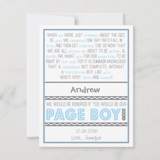 Werden Sie mein Page Boy sein? Baby Blue/Gray Poem Einladung (Vorderseite)