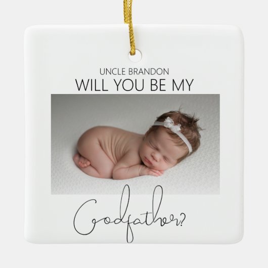 Werden Sie mein Pate sein? Weihnachtsbaum Keramikornament (Vorderseite)